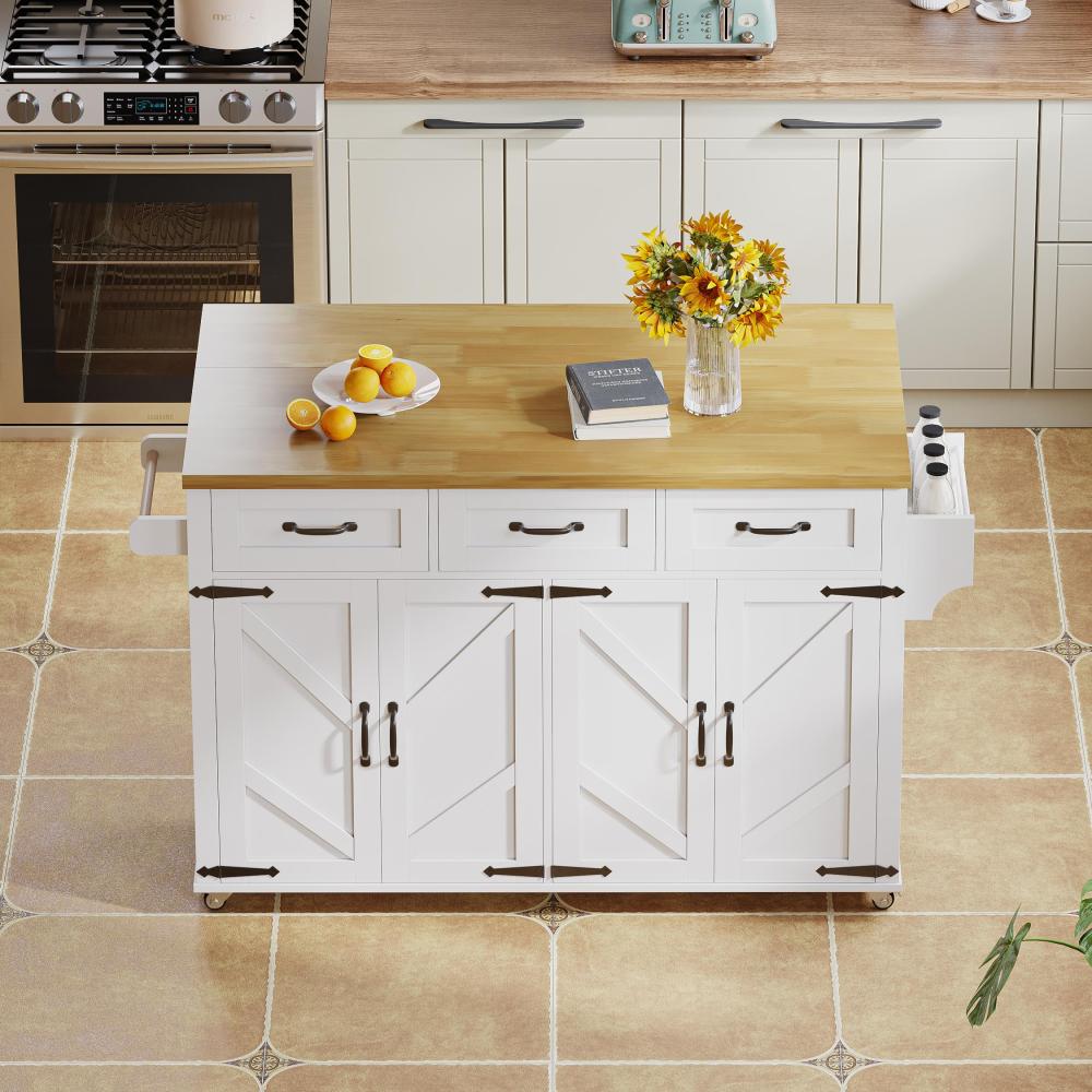 White Barn-Style Mobile Kitchen Island with Fold-Down Worktop, Lockable Doors & Drawers, Heavy-Duty Metal Frame, 4-Door with 5-Wheel Lock, Space-Saving Design for Small Kitchens (140x43x90.5cm) - Assembly Required