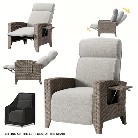 Designer Rattan Sofa & Chair Set - Ergonomic Memory Foam Cushion, Adjustable 160° Reclining Backrest, All-Weather Wicker Patio Furniture with Integrated Side Table, Removable Cushion Cover - Heavy-Duty Outdoor Garden Chair f
