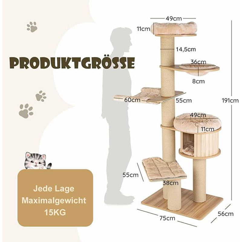 Krabpaal – Kattenkrabpaal – Kattenboom – Kattenmeubel – Kattentoren – Meerlaagse Krabpaal – Houten Kattenhuis – Inclusief Hangmat – Duurzaam en Stabiel