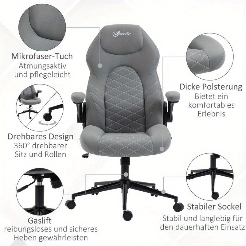 Bureaustoel – Ergonomische Stoel – Office Chair – Gamingstoel – Draaistoel – Verstelbare Armleuningen – Lendensteun – PU Bekleding – Robuust Vijfwiel Onderstel – Grijs Modern Design