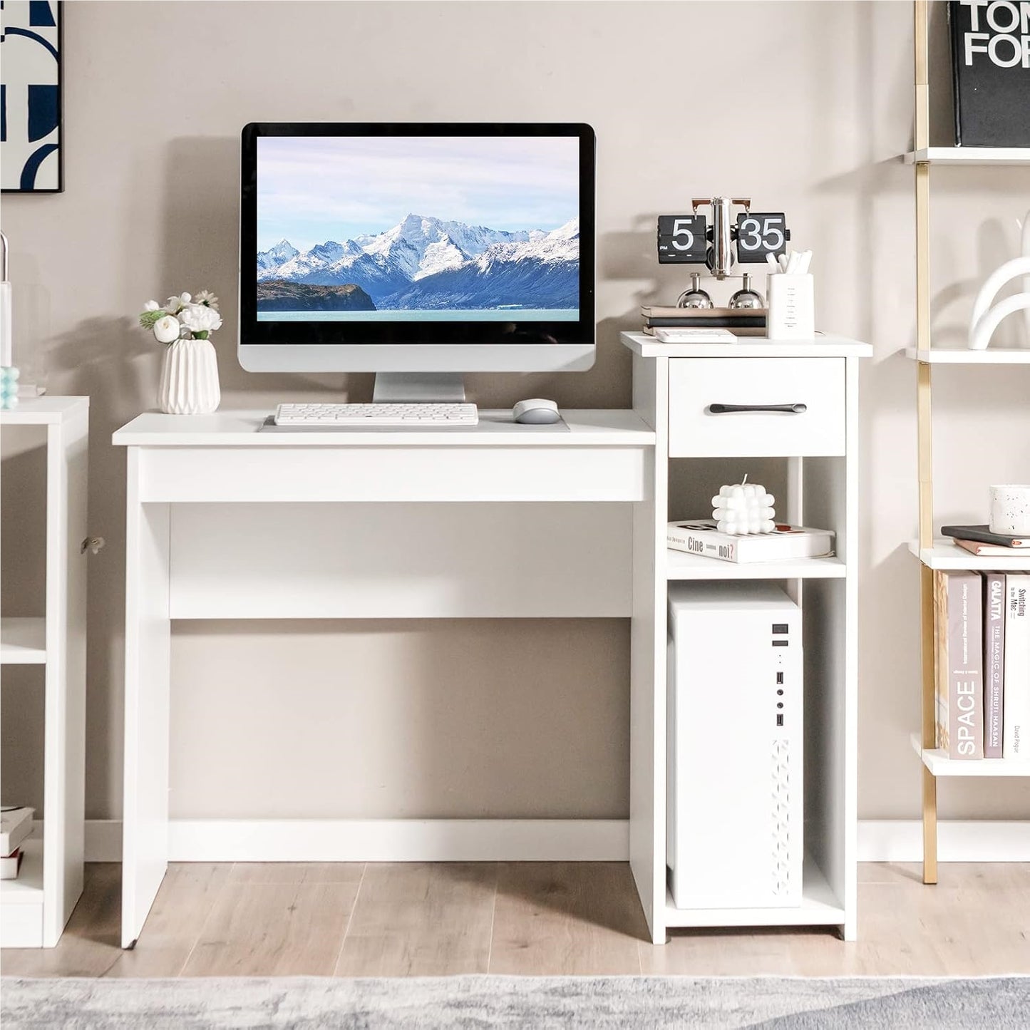 Bureau – Computertafel – Werkplek – Studietafel – Bureau met Lade – Modern Wit Design – Stevig MDF – 90 kg Draagvermogen