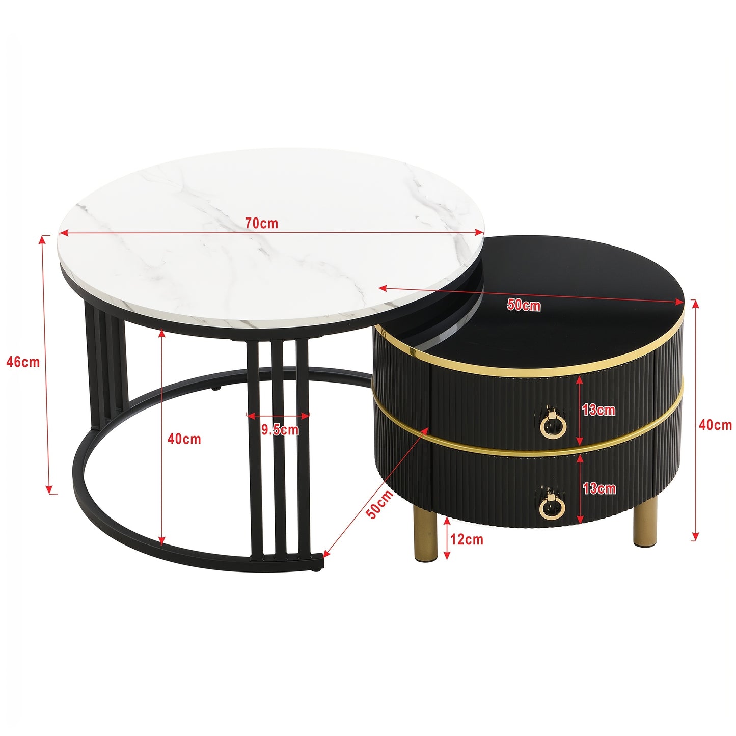 Modern Round Coffee Table Set with Glossy MDF Top & White Marble-like Surface - 2-in-1 Design with Storage Drawers, Space-Saving Living Room Furniture, Easy Assembly, Durable Metal Frame, Contemporary Style, Fits Small Spaces