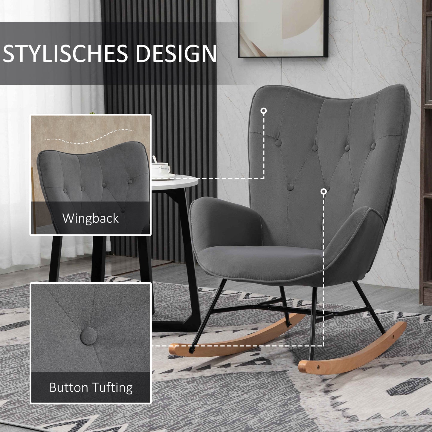 Schommelstoel – Schommelstoel Met Bekleding – Relaxstoel – Loungestoel – Houten Frame – Donkergrijs Met Fluweel – Robuust Tot 150 Kg – Handmatig Zonder Elektriciteit