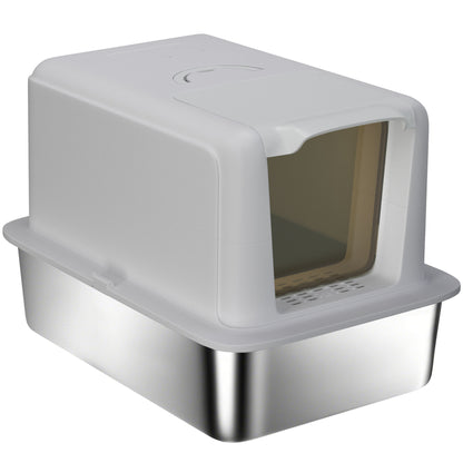 Kattenbak – Kattentoilet – Kattenbak Zwart – Kattenbak Open – Gesloten Kattenbak – Roestvrijstalen Binnenbak – Geurfilter Met Schep – Ruim Voor Katten Tot 6 Kg – Grijs/Zilverkleurig 40,5x60,5x41,5 cm