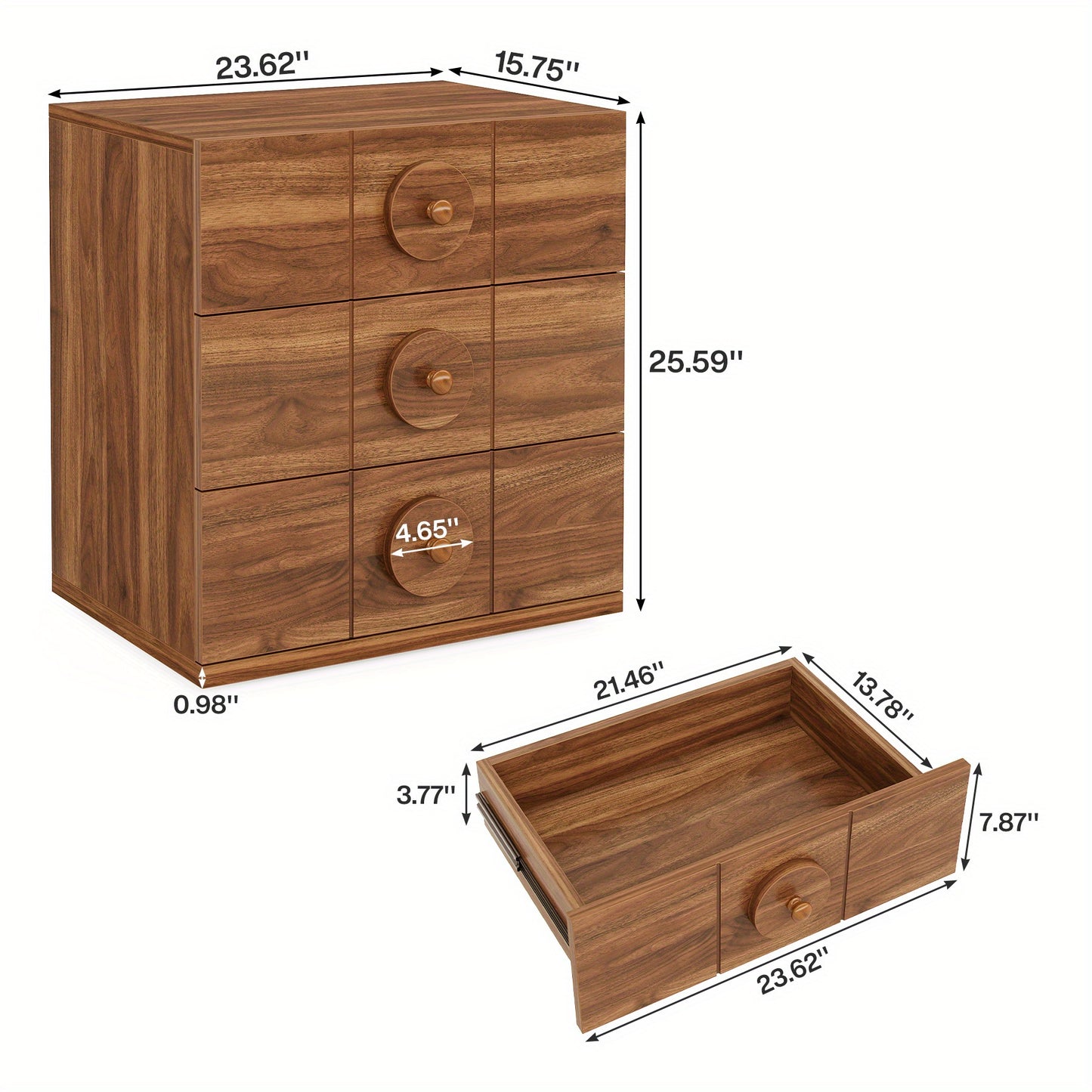 Nachtkastje – Bijzettafel – Bedside Table – Opbergkast – Ladekast – Walnootbruin – 3 Ruime Lades – Hoogwaardig Gelamineerd Hout
