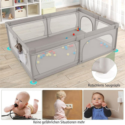 Speelbox – Babybox – Kinderbox – Grondbox – Playpen – Lichtgrijs – Ruim Speeloppervlak 205x147 cm – Inclusief 50 Speelballen & Dubbelzijdige Speelmat