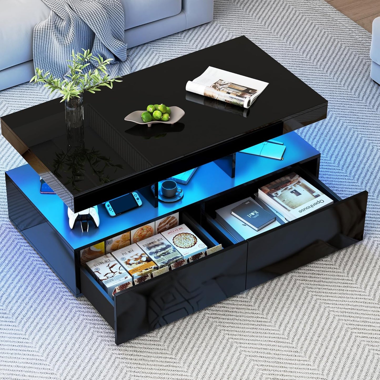 Zwarte Salontafel – Koffietafel – Woonkamertafel – Bijzettafel – Tv-meubel – Multifunctionele Opbergtafel – 104x53x46 cm – Glanzend MDF Met LED-verlichting