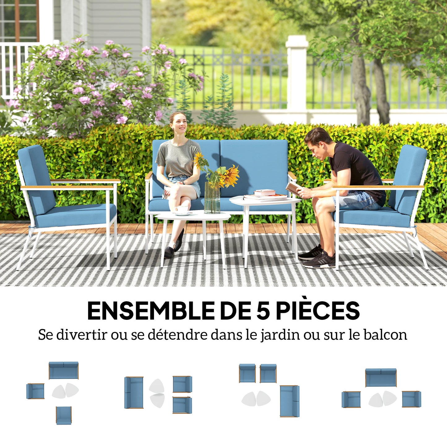 Tuinset – Tuinmeubelset – Balkonset – Loungeset – Zitgroep – 5-Delig – Gepoedercoat Staal – Lichtblauw Met Kussens
