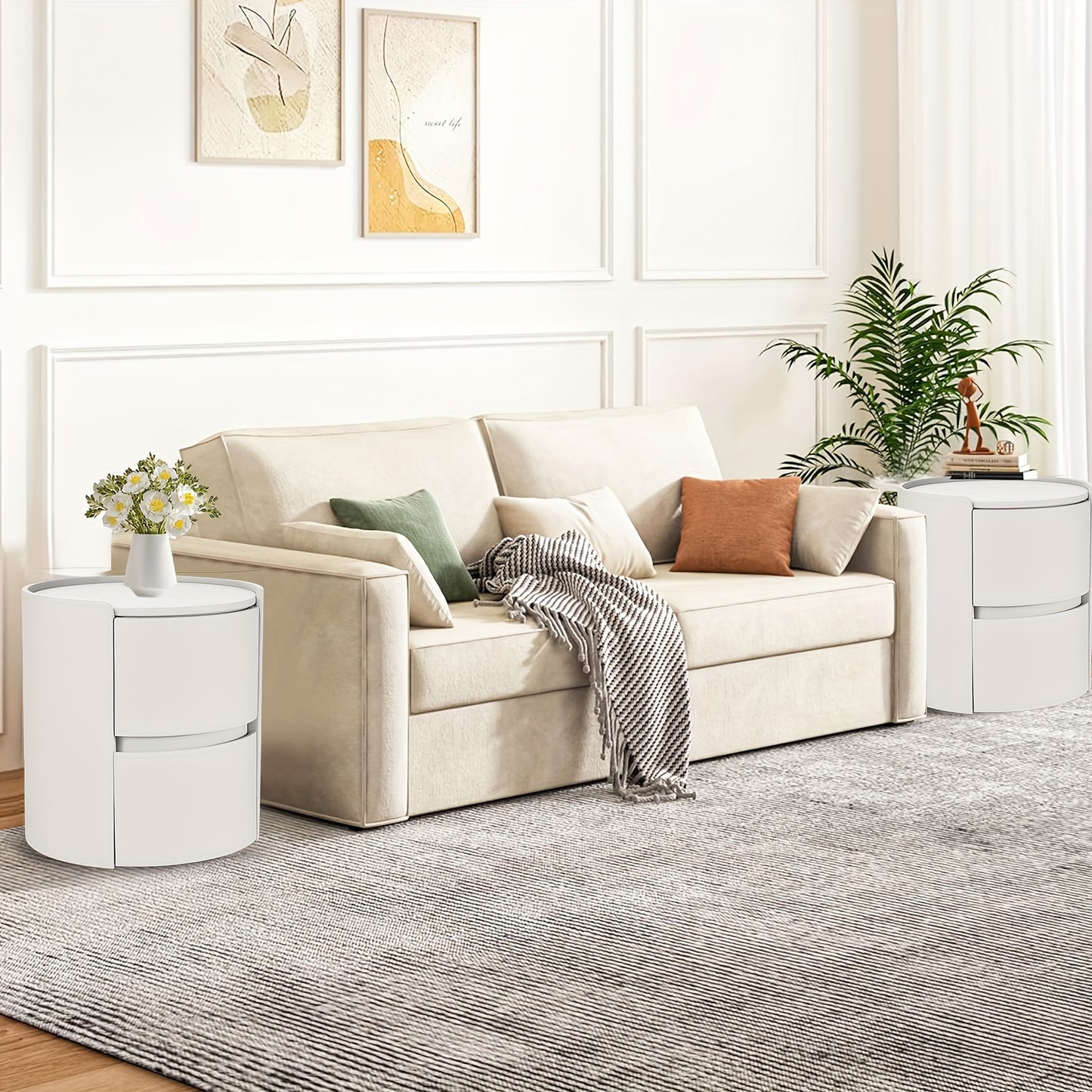 Ronde Nachtkastje – Modern Houten Nachtkastje – Minimalistisch Bedside Cabinet – Tweedelige Ladenkast – Compacte Slaapkamermeubel – Wit – Duurzaam Massief Hout – 45x45x50 cm