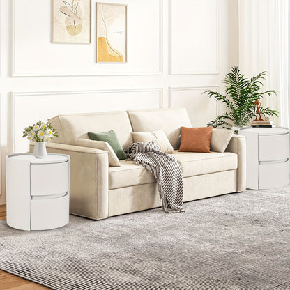 Ronde Nachtkastje – Modern Nachtkastje – Houten Nachtkastje – Minimalistisch Nachtkastje – Opbergkastje – 45x45x50 cm – Dubbele Lades Met Leder Top – Duurzaam Massief Hout