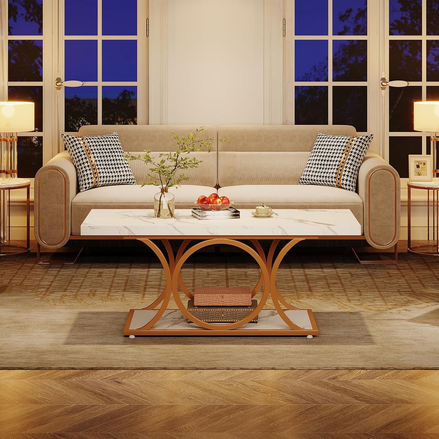 Salontafel – Koffietafel – Woonkamertafel – Tafel – Bijzettafel – Wit & Goud – 120 cm – 2-laags met Opbergruimte