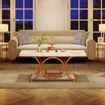 Salontafel – Koffietafel – Woonkamertafel – Tafel – Bijzettafel – Wit & Goud – 120 cm – 2-laags met Opbergruimte