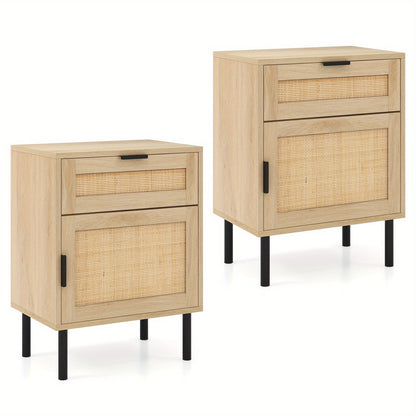 Nachtkastje – Bedside Table – Opbergkastje – Slaapkamerkastje – Tafeltje – Set Van 2 – Natuurlijk Rattan Met Metalen Poten – Lade En Kastje