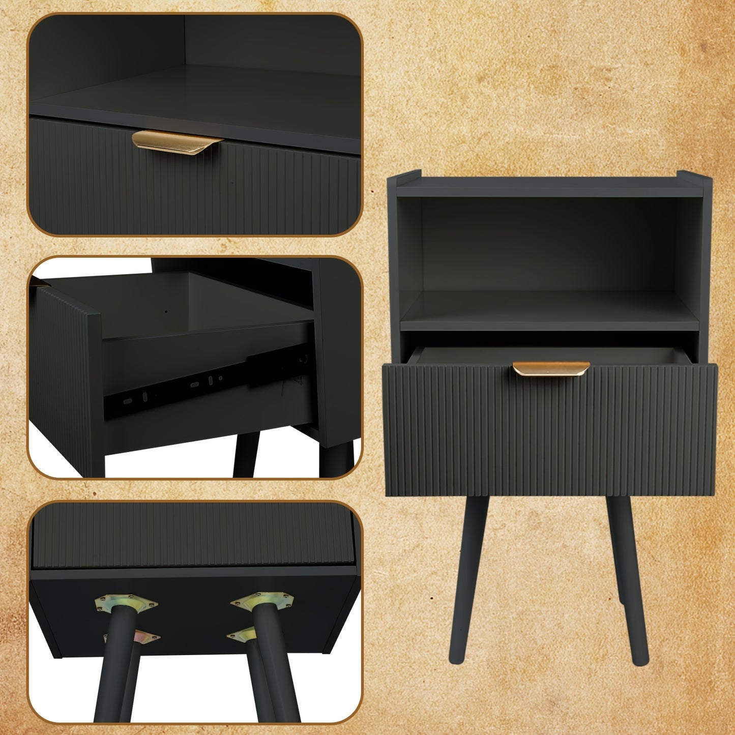 1pc Nightstand With Drawer & Open Shelf, Boho Bedside Table, Multi-Functional End Table, Mit Wooden Leg, For Bedroom & Living Room, Accent Table With Storage 42x30x65cm Black