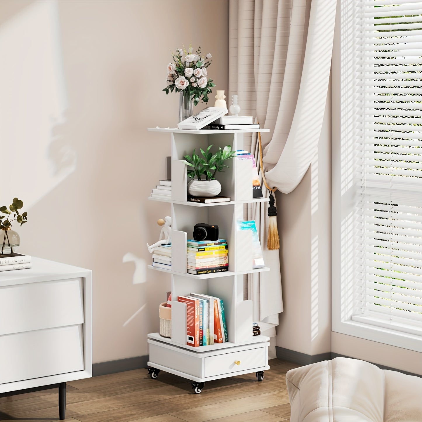 Boekenkast – Boekenrek – Opbergkast – Draaibare Kast – Mobiele Boekenkast – 3-laags met Lade – 360° Draaibaar met Vergrendelbare Wielen – Duurzaam Hardhout, Compact & Ruimtebesparend