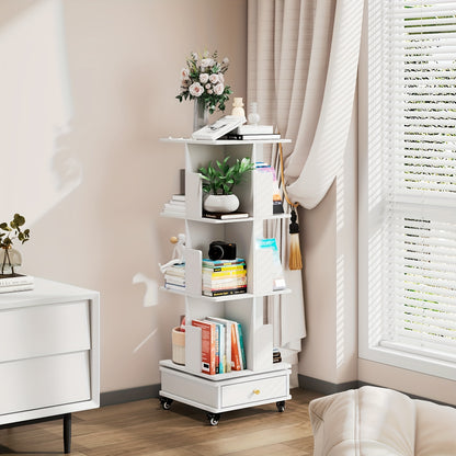 Boekenkast – Boekenrek – Opbergkast – Draaibare Kast – Mobiele Boekenkast – 3-laags met Lade – 360° Draaibaar met Vergrendelbare Wielen – Duurzaam Hardhout, Compact & Ruimtebesparend