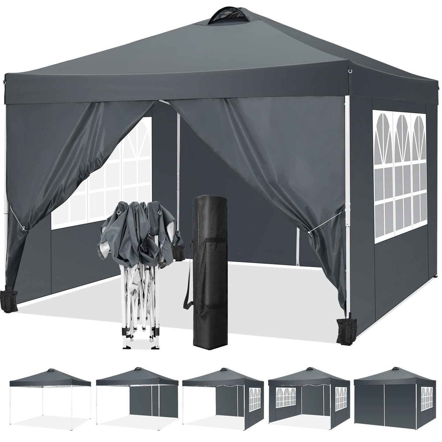 3.05x3.05meter Pop-up foldable canopy with 4 removable sidewalls, height-adjustable gazebo canopy with vents, 4 sandbags, 4 ground stakes and 8 ropes, party exhibition tent
