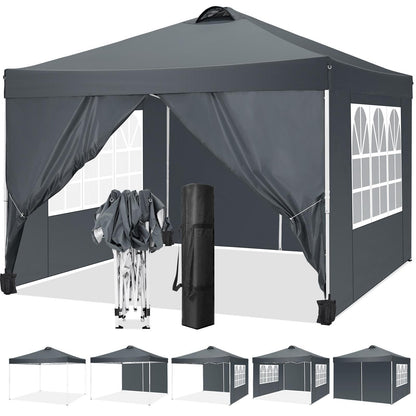 3.05x3.05meter Pop-up foldable canopy with 4 removable sidewalls, height-adjustable gazebo canopy with vents, 4 sandbags, 4 ground stakes and 8 ropes, party exhibition tent