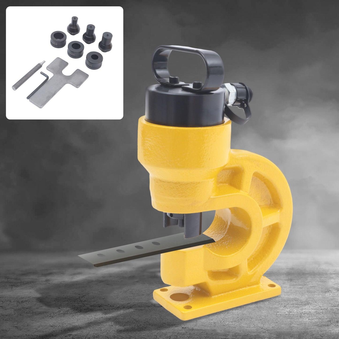 Hydraulische Pers – Handmatige Ponsmachine – Werkplaatspers – Metaalpunssmachine – Industrieel Ponsgereedschap – 31 Ton Kracht – Brede Mondopening 34,5 cm – Heavy-Duty Stalen Behuizing – Duurzaam Geel Staal