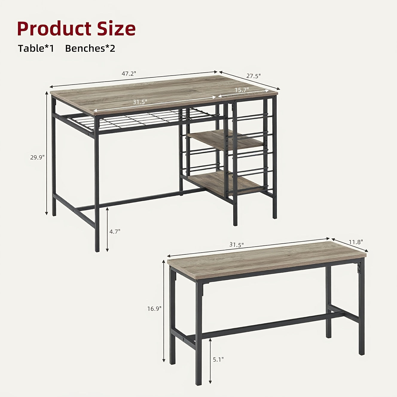 Eettafelset voor 4 Personen – Eettafel met Banken – Keukentafel – Dinette – Tafel met Opbergruimte – Zwart – Inclusief Wijnrek en Compact Ontwerp