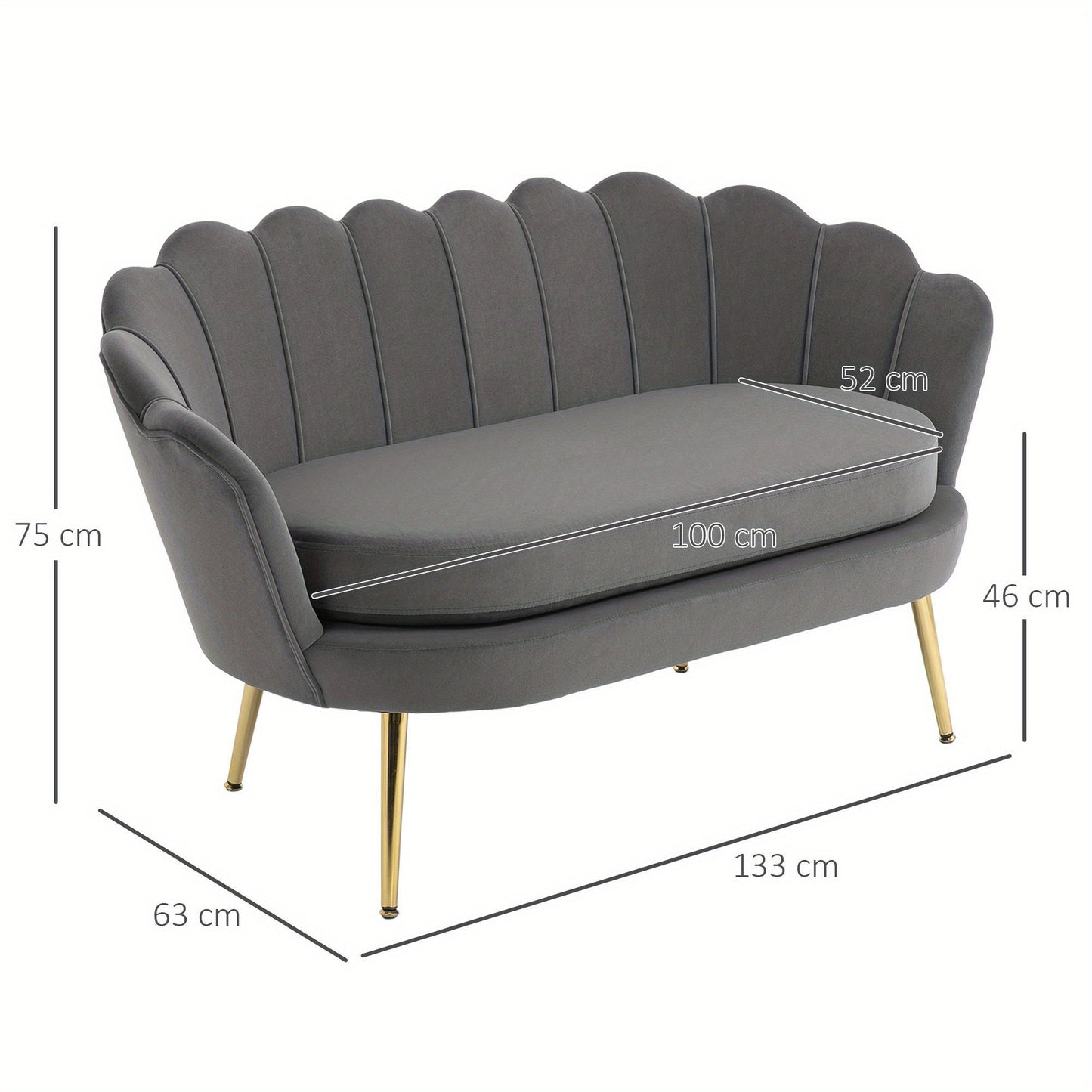 2-zitsbank – tweezitsbank – loveseat – zitbank – compacte bank – donkergrijs polyester – massief houten frame – zachte brede kussens – retro vintage design