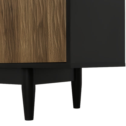 Modern TV Stand with Water Ripple Door Panels & 3-Drawer Storage - Low Profile Media Console, Wood-Free Assembly (Compatible with Wood Finishes), Space-Saving for Small Apartments, Black Furniture Cabinet for