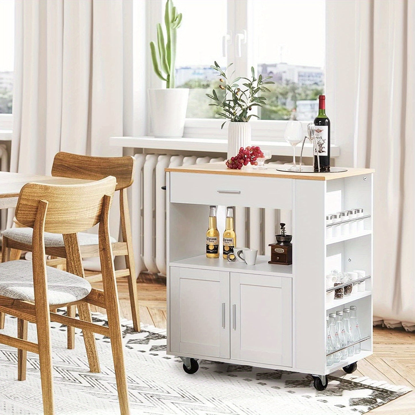 Keukenwagen – Keukentrolley – Keukenkar – Serveerwagen – Opbergwagen – Mobiel met Remmen – Brede Waterbestendige Bovenplaat – Compact MDF & Hardhout Wit