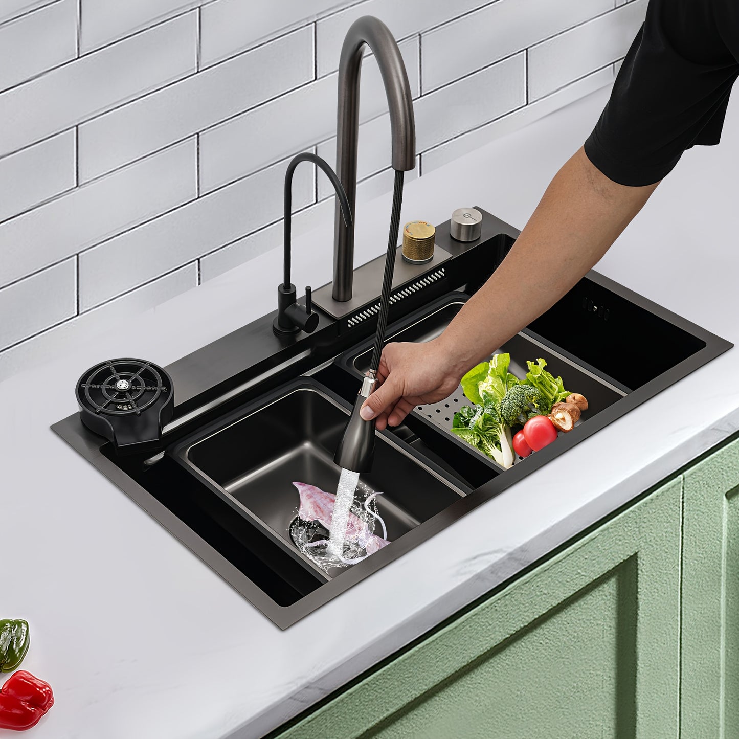 RVS Keukenspoelbak – Keukenspoelbak – Spoelbak – Keukenspoelbak Met Kraan – Spoeltafel – 80cm Diepe Wastafel – 3 Waterstanden Met Uittrekbare Kraan
