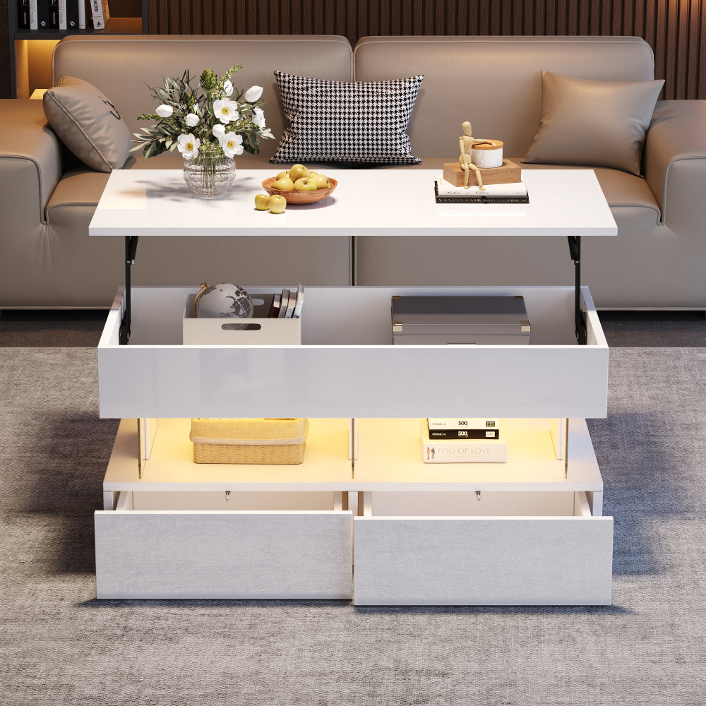 Salontafel – Koffietafel – Tafel – Woonkamertafel – Bijzettafel – Verstelbare Hoogte – Uitschuifbare Opbergruimte – Glanzend Wit – Lift-Top Mechanisme