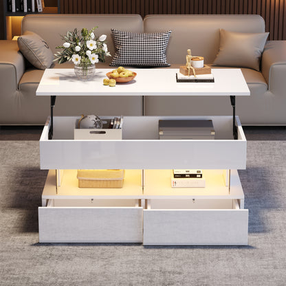 Salontafel – Koffietafel – Tafel – Woonkamertafel – Bijzettafel – Verstelbare Hoogte – Uitschuifbare Opbergruimte – Glanzend Wit – Lift-Top Mechanisme