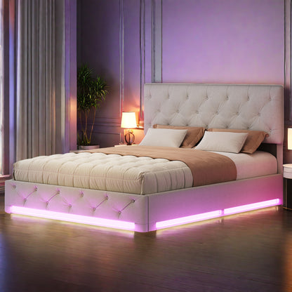 Opbergbed – Led Bed – Sleeplift Bed – Slaapbank – Bedkast – 160x200 cm – Linnen Hoofdeinde – USB Oplaadpoort