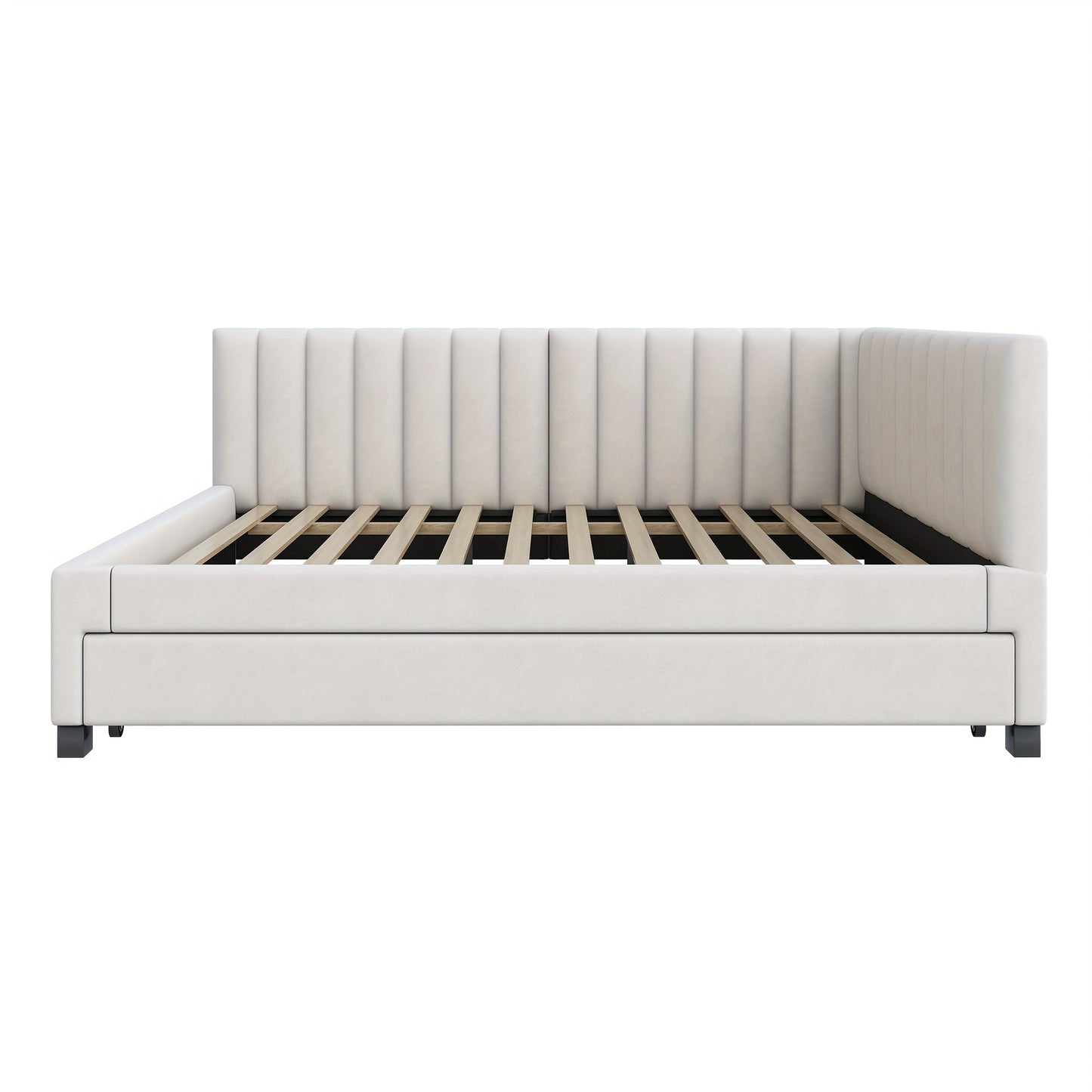 Bedbank – Slaapbank – Slaapstoel – Futon – Logeerbed – Modern Fluwelen Beige – Uitschuifbaar 140x200 cm – Massief Houten Frame Met Lattenbodem