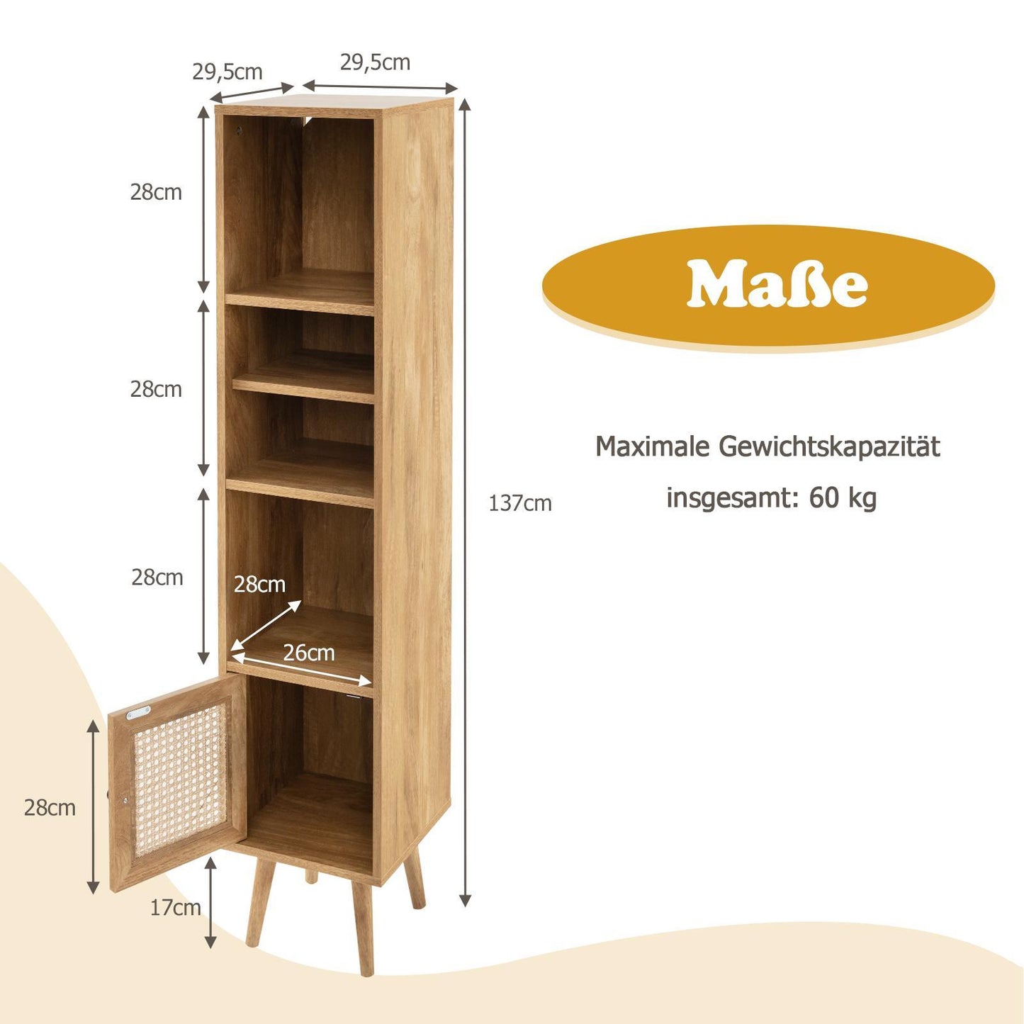 Hoge Kast – Opbergkast – Boekenkast – Kolomkast – Smalle Kast – Rattan Deur – Verstelbare Planken – Massief Hout Oak