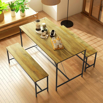 Eettafelset – Eettafel – Eetkamer Tafel – Keukentafel – Zitgroep – Stijlvol Ontwerp – MDF En Massief Hout – 4 Personen – Met 2 Banken