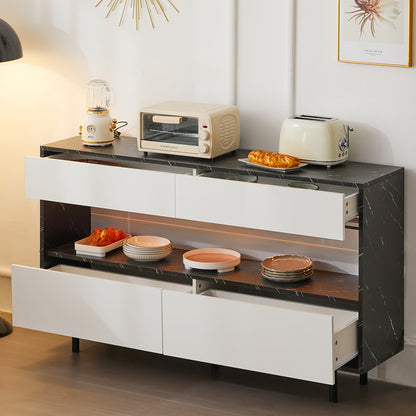 Dressoir – Sideboard – Opbergkast – Buffetkast – Kast – Wit Bamboo Met Zwart Marmerdesign – 150 cm Breed – 4 Lades & Ruime Opbergruimte