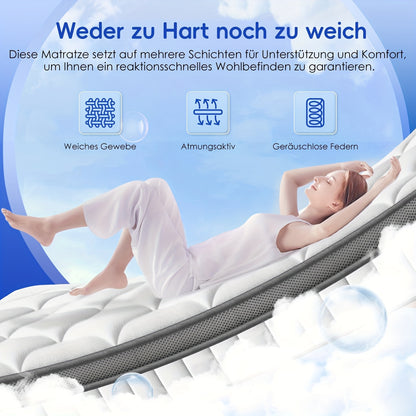 Mattress 90x200/140x200cm, Height 25cm, Premium Pocket Spring Mattress, Ergonomic 7-Zoned Mattress, (breathable), Spring Mattress with Fitted Sheet, Firmness Level H3, Mattress for Adults, Mattress Full Size, Foldable Mattres
