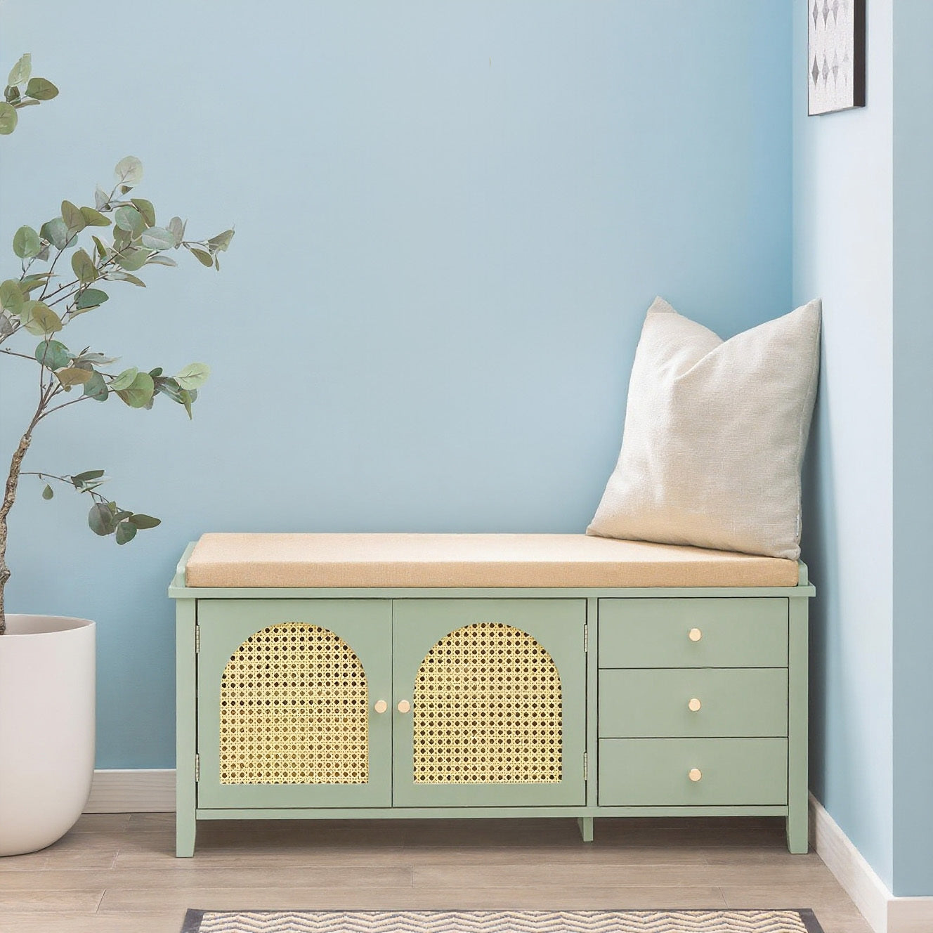 Schoenenkastje – Schoenenbank – Schoenenopberger – Schoenenrek – Schoenmeubel – 3 Lades en Geventileerde Mesh Deuren – Comfortabel Zitkussen, 150 kg Belastbaar, 100x34x46 cm – Groen