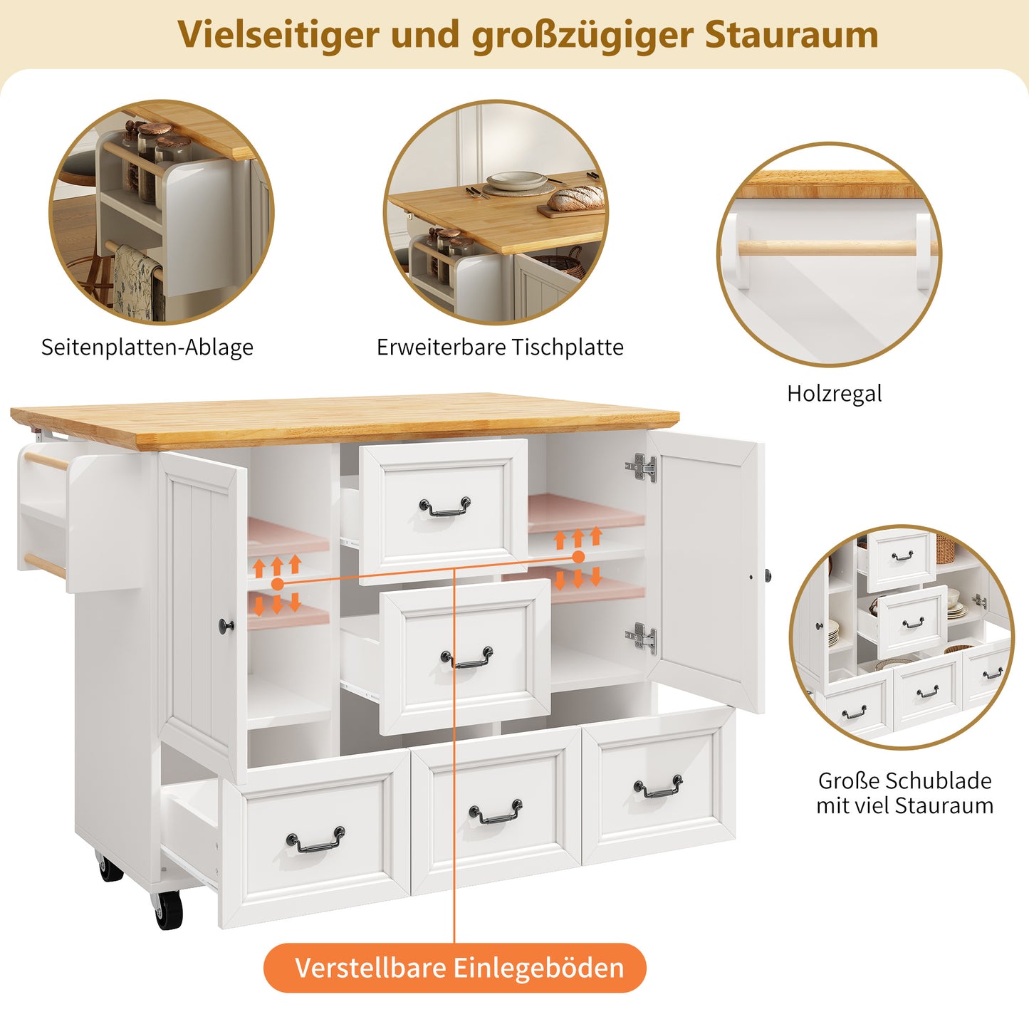 Keukeneiland – Keukentrolley – Servierwagen – Werkblad – Opbergmeubel – Uitklapbare Tafelplaat – 5 Lades & 2 Kasten – Mobiel Met Wielen – Wit