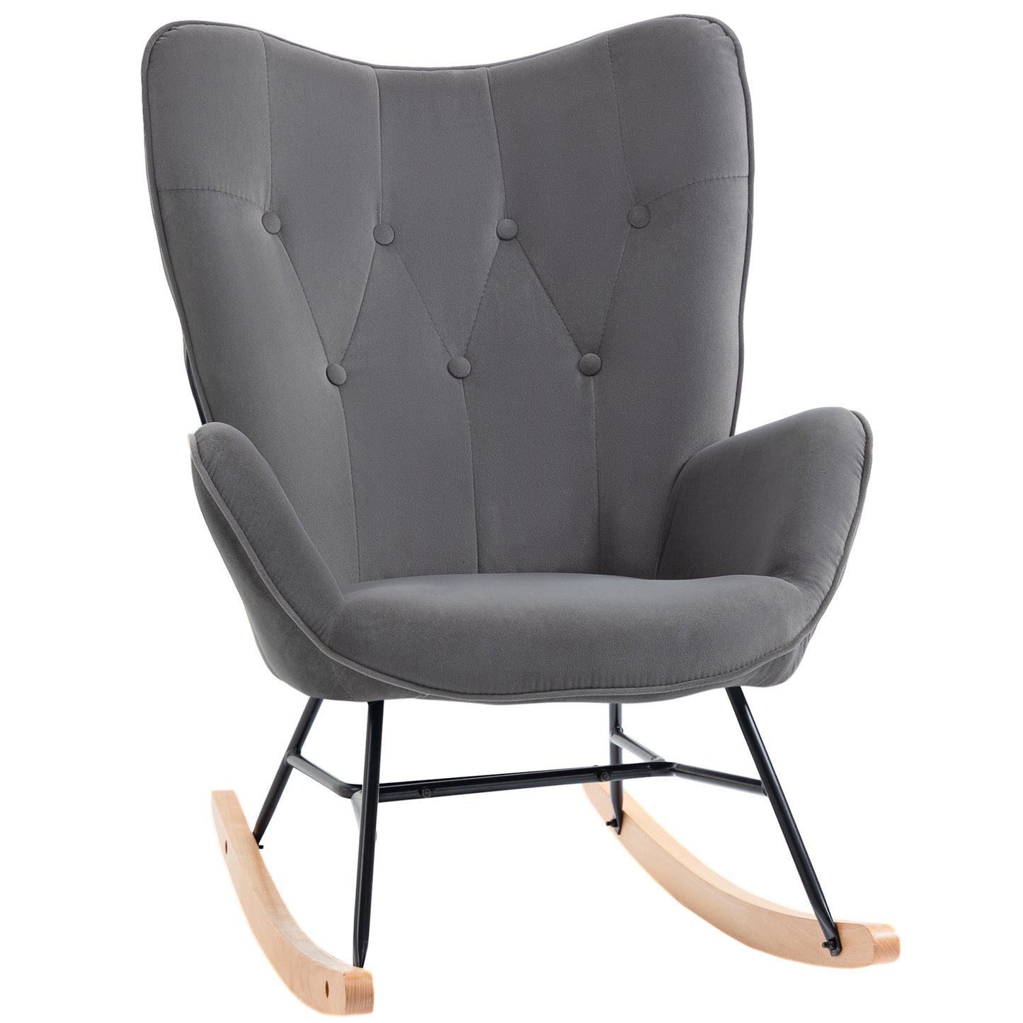 Schommelstoel – Schommelstoel Met Bekleding – Relaxstoel – Loungestoel – Houten Frame – Donkergrijs Met Fluweel – Robuust Tot 150 Kg – Handmatig Zonder Elektriciteit