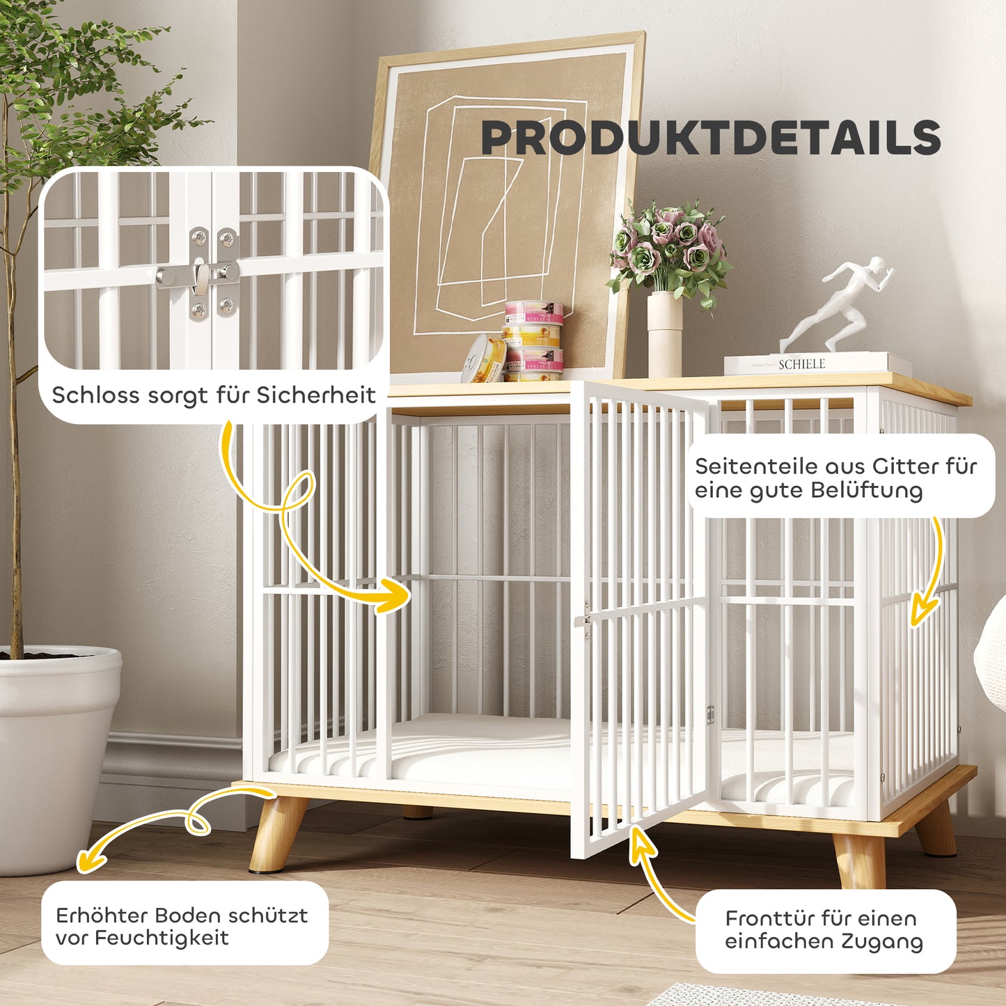 Hondenbench – Hondenkooi – Hondenmand – Hondenhuis – Reishondenbench – Vergrendelbare Deur – Uitneembaar Wasbaar Kussen – Stijlvol Wit Eiken – Staal Houtcomposiet – 86x60x70 cm – Goede Ventilatie