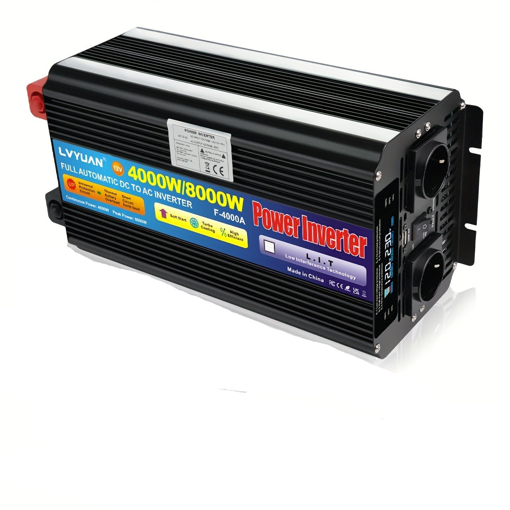 12V Naar 220V Spanningsomvormer – Stroomomzetter – Inverter – Accu Omvormer – Mobiele Converter – 4000W Continu Vermogen – Draadloze Afstandsbediening Met LCD-Display
