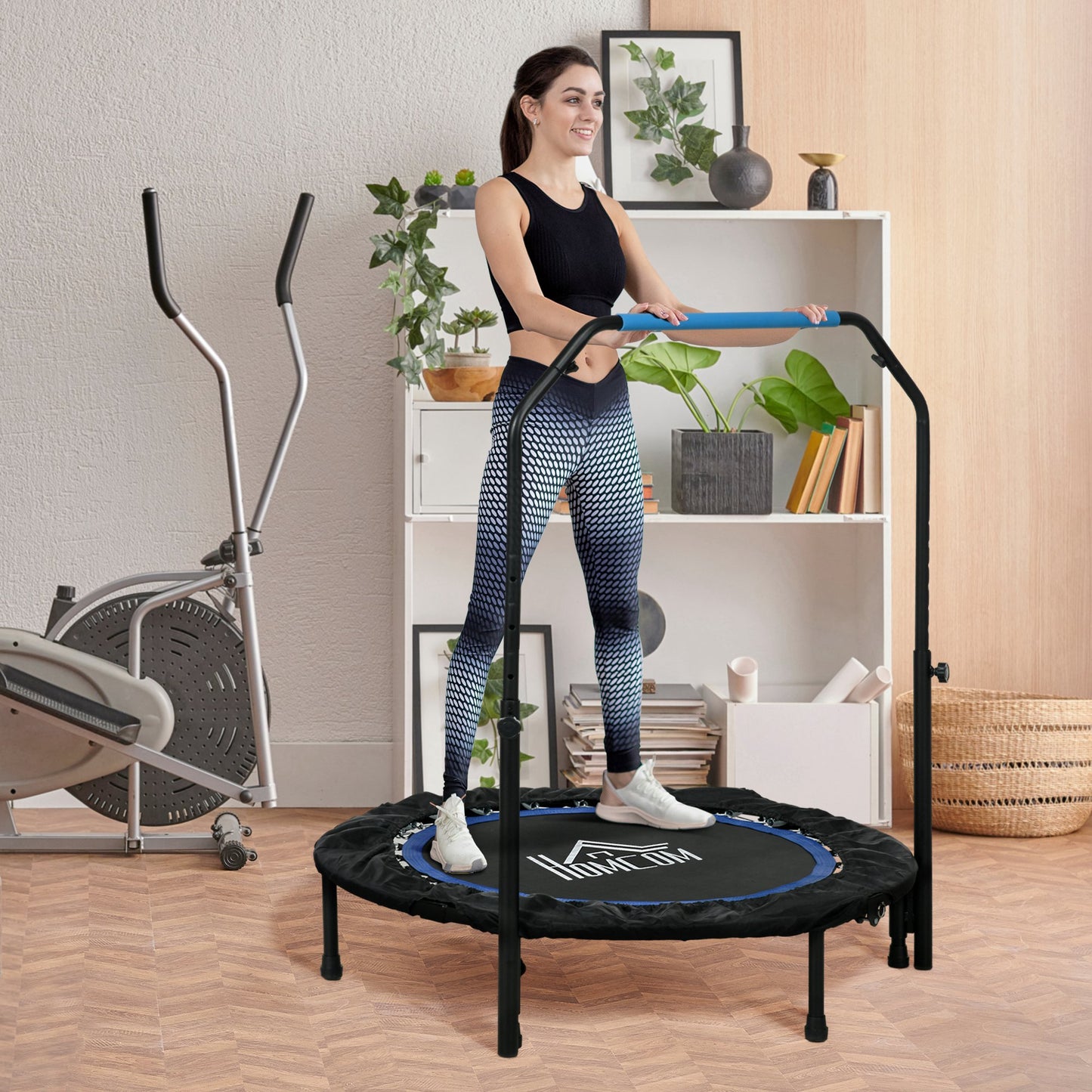 Fitness Trampoline – Gymnastiek Trampoline – Springmat – Opvouwbare Trampoline – Mini Trampoline – Verstelbare Handgreep 99-123 cm – 6 Antislip Poten – Ø102 cm – Zwart