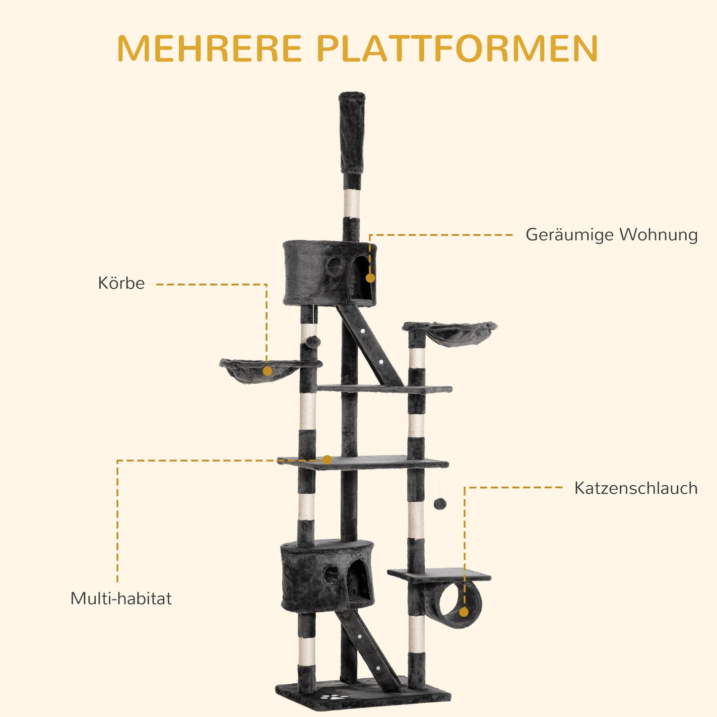 Krabpaal – Kattenkrabpaal – Krabmeubel – Kattenboom – Kattentoren – Verstelbare Hoogte 240-260 cm – Stevig Hout en Duurzaam Sisal