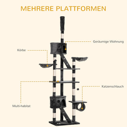 Scratching Tree Ceiling-High Height 240-260 Cm Cat Tree with Plush Balls, Cat Cave, Hammock, Sisal Poles, Multi-Level Platforms Cat Scratching Tree Climbing Tree for Large Cats, Dark Grey