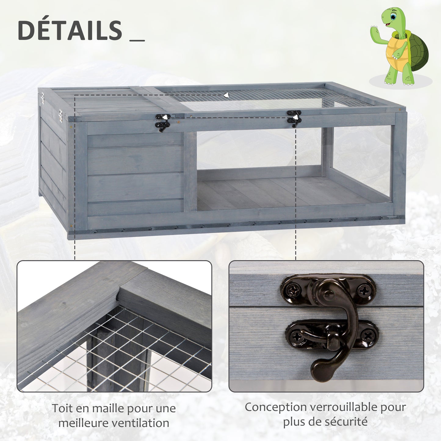 Huisjes Voor Schildpadden – Buitenren – Terrarium – Kooien – Klimhok – Hout Met Gaas – 2 Ruimtes – 91x60,5x32 Cm – Veilig & Ventilerend – Grijs