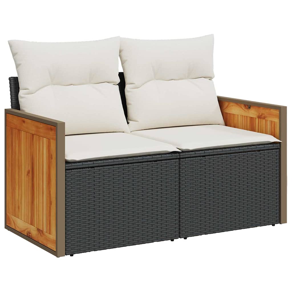 Tuinbank – Buitenbank – Loungeset – Outdoor Sofa – Tuinmeubel – Modulair Ontwerp – UV-Bestendig Poly Rattan & Acaciahout – Zwart met Crème Kussens – 5-Zits