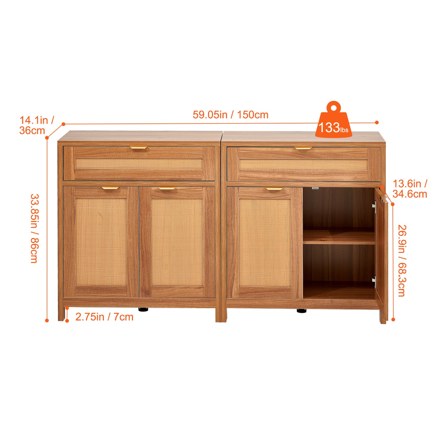 Rattan Opbergkast – Opbergmeubel – Dressoir – Kast – Buffetkast – 63 Inch – Handgevlochten Natuurlijk Rattan – Verstelbare Planken & Anti-Kantelset
