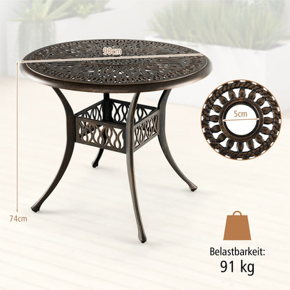 Tuin Tafel – Balkontafel – Terrastafel – Bistrotafel – Loungtafel – Rond Aluminium Gietwerk – 90 cm Ø – Weerbestendig Antiek Bruin