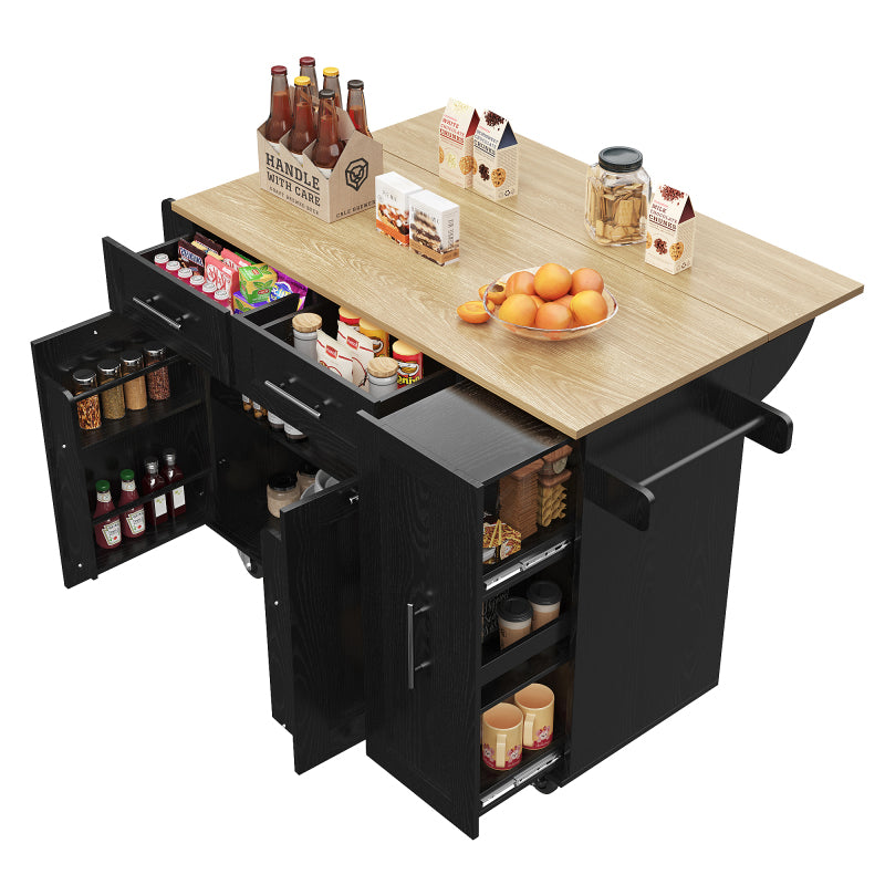 Modern Kitchen Island, Kitchen Cabinet, Buffet Cabinet, Dining Cart with Wood Veneer, Multifunctional Dining Table with Storage Space, Dining Cart with Snack Shelves And Stretch Function Cabinets, Black.