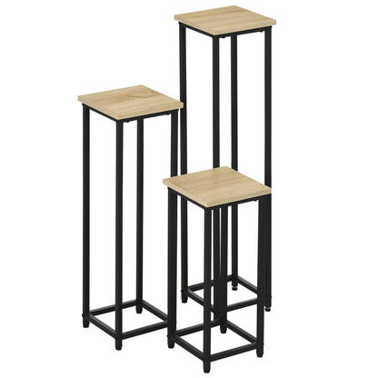 Plantenstandaards – Plantenhouders – Bloemstandaards – Plantenrekken – Naturel Houtlook – Stijlvol Industrieel Design – 3x Stapelbaar – Metalen Frame
